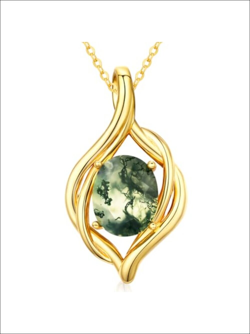 Moss Agate Teardrop Pendant Necklace 14K Gold Plated Brass Boho Jewelry Gift